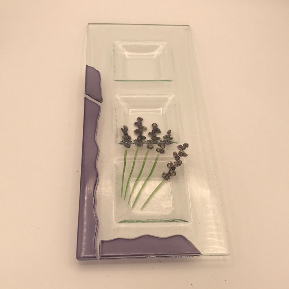 Fused Glass 3‎ Section Tray w/ Lavender Motif